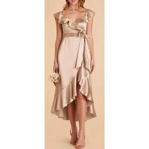Birdy Grey Satin Neutral Champagne Ruffle V-Neck Midi Bridesmaid James Dress 1X